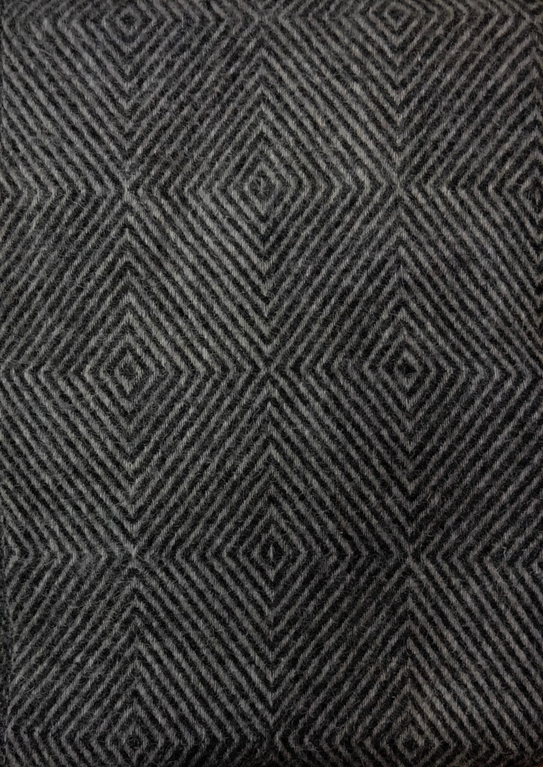 Lapuan Kankureiden Maria-huovan kuviointi muodostuu sisäkkäisistä salmiakkikuvioista. Värit: musta ja tummanharmaa. Mitat: 130 x 180 cm + hapsut 10 cm.