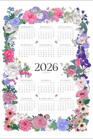 Kalenteripyyhe vuodelle 2026. Keittiöpyyhkeessä on Satu Kontisen kukka-aiheinen kuvitus, joka kiertää pyyhkeen reunoja.