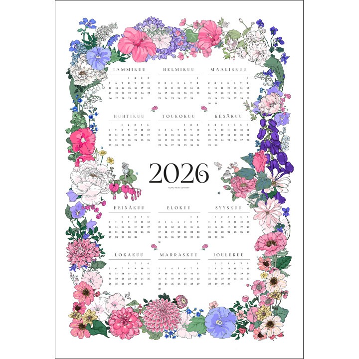 Kalenteripyyhe vuodelle 2026. Keittiöpyyhkeessä on Satu Kontisen kukka-aiheinen kuvitus, joka kiertää pyyhkeen reunoja.