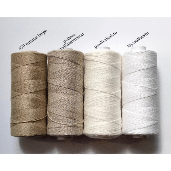 Bockens 35/2-pellavalanka. Värit vasemmalta oikealle: 470 tumma beige, pellava (valkaisematon), puolivalkaistu ja täysvalkaistu.