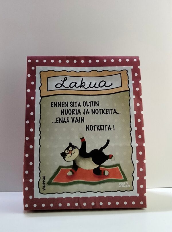 Lakupussi, jossa teksti "Ennen sitä oltiin nuoria ja notkeita, enää vain notkeita!"