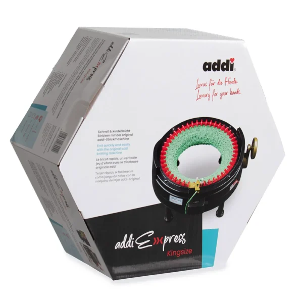 Addi Express Kingsize -pakkauksen mitat: halkaisija n. 42 cm ja korkeus n. 15 cm