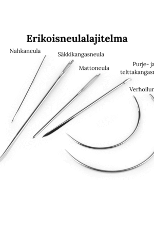 Erikoisneulalajitelmassa on viisi erilaista neulaa: säkki-, matto-, purje- ja telttakangasneula, nahkaneula ja 2 verhoiluneulaa.
