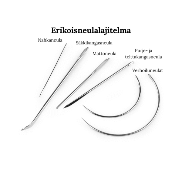 Erikoisneulalajitelmassa on viisi erilaista neulaa: säkki-, matto-, purje- ja telttakangasneula, nahkaneula ja 2 verhoiluneulaa.