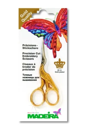 Haikaranmalliset kirjontasakset pakkauksessaan.