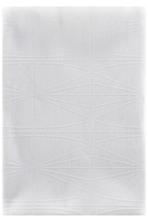 Valkoinen Lapuan Kankureiden Kehrä-pöytäliina (mitat 150 x 260 cm), jossa poikittain kulkevat viivat muodostavat geometrisen kuvion.