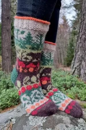 Kuvassa on Meidän metsä -kirjoneulesukat, joissa kuvioina on sieniä, puolukoita, karhuja sekä kasveja.